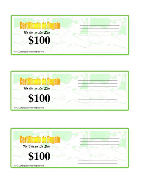 $100 Certificado De Regalo Un Dia En La Spa Download Printable PDF (Spanish) | Templateroller