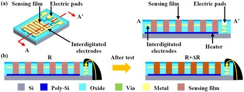 (a) The design concept of the gas-sensor, and (b) working principle of... | Download Scientific ...