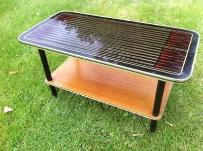 1960 teak wood glass top art deco style red black coffee table under tier shelf | #307136036