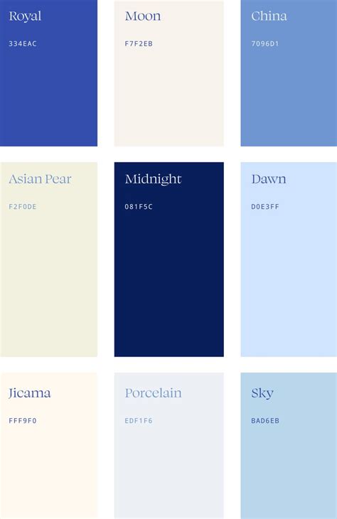 blue and white paint swatches with the names of different colors in ...