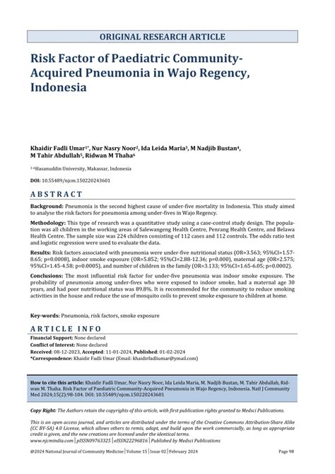 (PDF) Risk Factor of Paediatric Community-Acquired Pneumonia in Wajo Regency, Indonesia