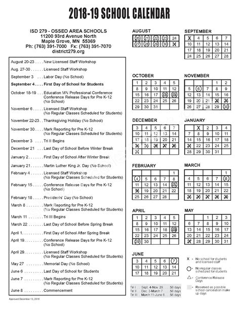 2018 - 2019 School Calendar | Osseo Public School District – Maple Grove, MN