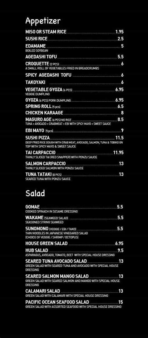 Menu at SUSHI HUB restaurant, Vancouver