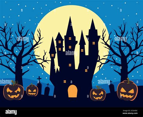happy halloween card with haunted castle and pumpkins vector illustration design Stock Vector ...