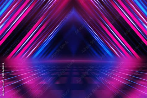 Abstract dark background with blue and pink neon glow. Neon luminous figure in the center of the ...