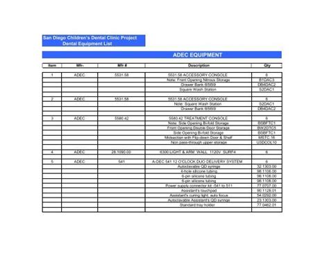 SDCDC Dental Equipment List