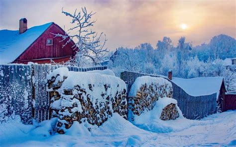 Winter Morning in the Village. Beautiful Winter Landscape Snow Stock ...