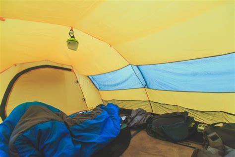 An Inside View of Tent, Process of Camping in Fall or Spring Forest Field, Setting a Tent ...