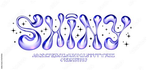 Metallic y2k font. Liquid bubble iron alphabet with melted letters and funky numbers. Glossy 3D ...