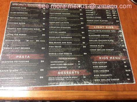 Menu at The Porch Light Grill restaurant, Prairieville