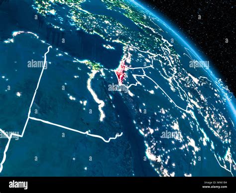 Satellite view of Israel highlighted in red on planet Earth at night ...