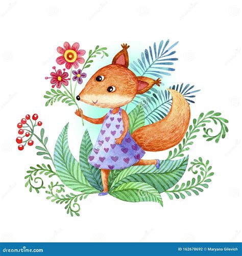 Cute Squirrel with Flowers Watercolor Drawing Stock Photo - Image of nature, herb: 162678692