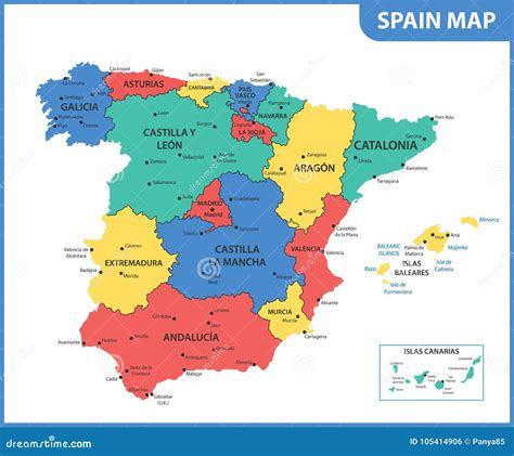 El Mapa Detallado De La España Con Las Regiones O Estados Y Ciudades, Capitales Ilustración del ...