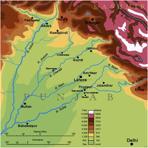 Topographic map of Punjab, 'The Land of the Five Rivers'. Source ...