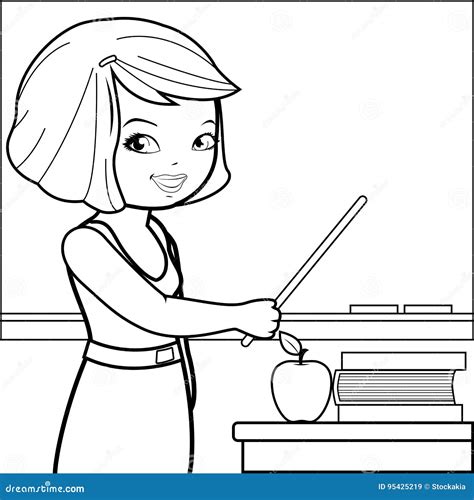 Teacher Teaching In The Classroom. Vector Black And White Coloring Page. | CartoonDealer.com ...