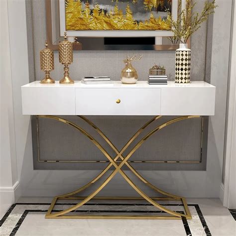 White Console Table with Drawer Entryway Table Contemporary for Hallway X Gold Base | White ...