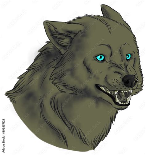 Digital illustration of an angry wolf head with blue eyes Stock ...