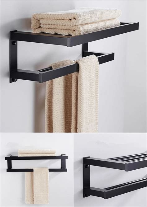 Matt Black Bathroom Towel Rack Wall Mounted Shelf With Twin Tier Towel – House.Boutique