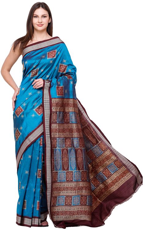 Blue-Danube Bomkai Handloom Sari from Orissa with Woven Bootis on ...