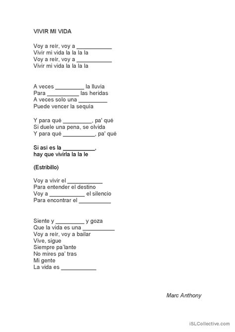 Vivir mi vida. Marc Anthony: English ESL worksheets pdf & doc