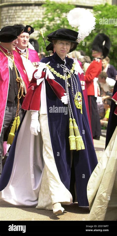 HRH The Princess Royal wearing her Order of the Garter robes as she makes her way to St George's ...