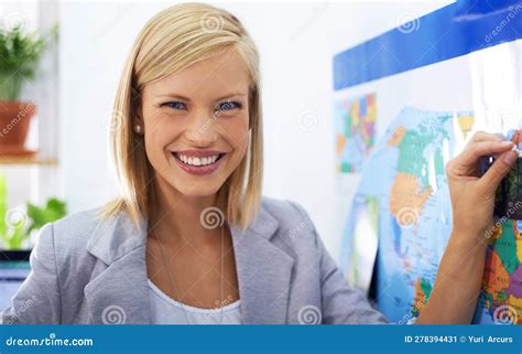 Map Pin, Travel Agency Portrait and Happy Woman Working on Vacation Ideas, Holiday Location or ...