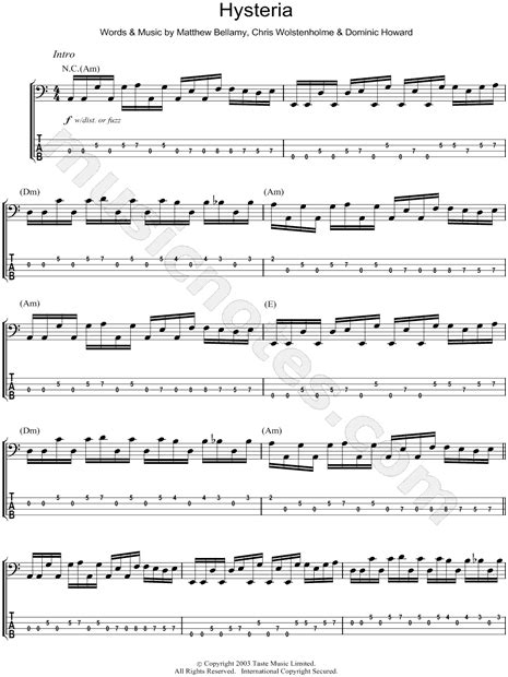 Muse "Hysteria" Bass Tab in A Minor - Download & Print - SKU: MN0054001