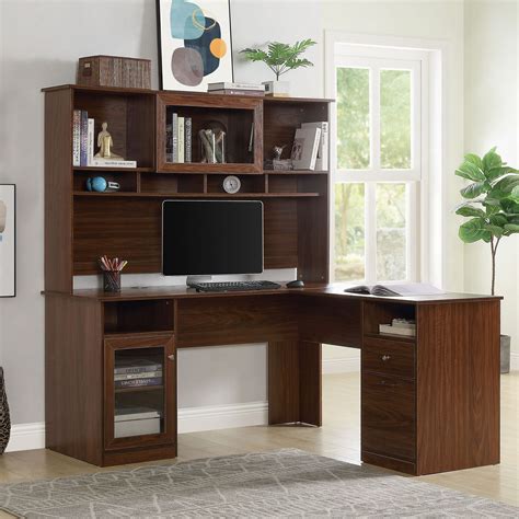L Shaped Desk With Drawers And Storage Shelves, Brown Wood Writing Study Desk With Hutch Storage ...
