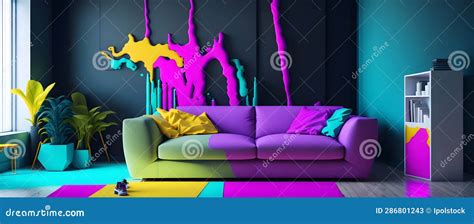 Vibrant Neon Paint Splashes Transforming Modern Living Room Wall Stock Illustration ...