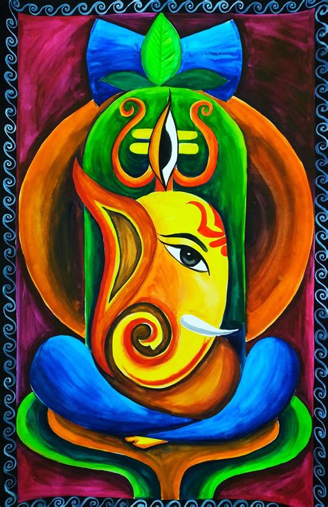 an oil painting on canvas depicting the face of lord ganesha with colorful colors