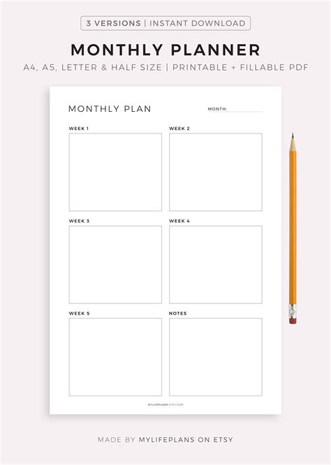 Minimalist Monthly Planner Printable Month at a Glance | Etsy