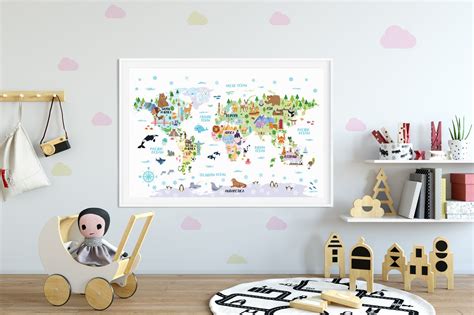 World Map Print Kids Poster World Map Landmarks Animal Nursery | Etsy