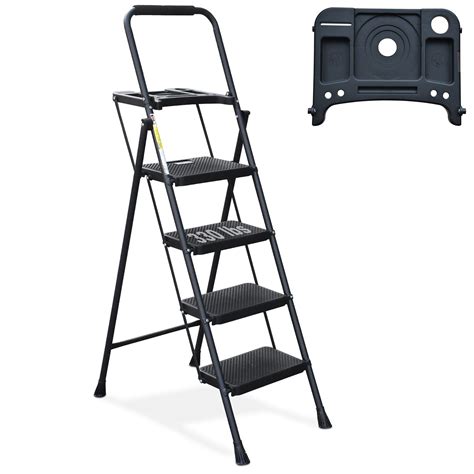 4 Step Ladder, HBTower Folding Step Stool with Tool Platform, Wide Anti-Slip Pedal, Sturdy Steel ...