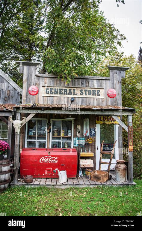 Replica of an old vintage General store front facade with a Cocoa Cola cooler, Barre, Vermont ...