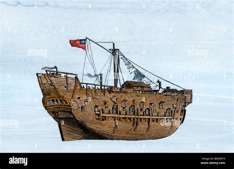 Captain James Cook's ship "Discovery". Hand-colored woodcut Stock Photo - Alamy