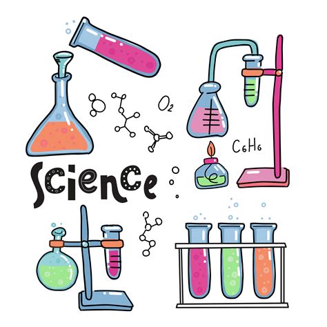 Hand drawn color chemistry and science icons set. Collection of laboratory equipment in doodle ...