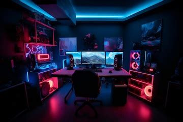 Premium Photo | Gaming room with hardware and equipment colored in red and blue light generative ai