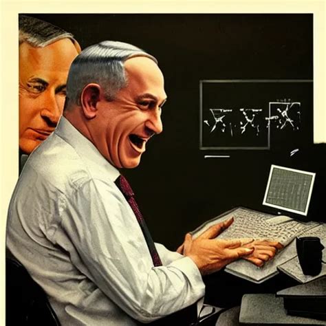 benjamin netanyahu laughing at computer screen, in | Stable Diffusion ...