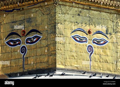 stupa eyes of buddha Swayambhunath temple Kathmandu Nepal Stock Photo ...