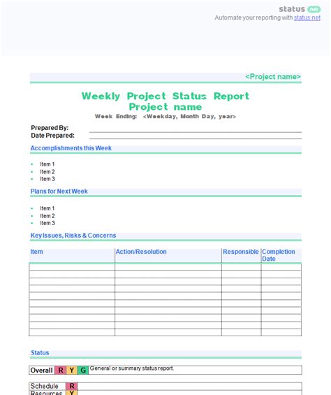 Project Manager Weekly Report Template