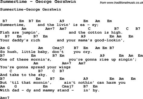 Song Summertime by George Gershwin, with lyrics for vocal performance and accompaniment chords ...