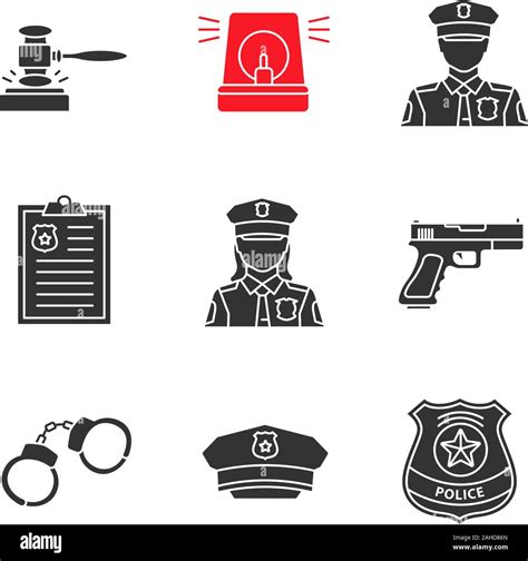 Police glyph icons set. Gavel, alarm, policeman, report, gun, handcuffs ...