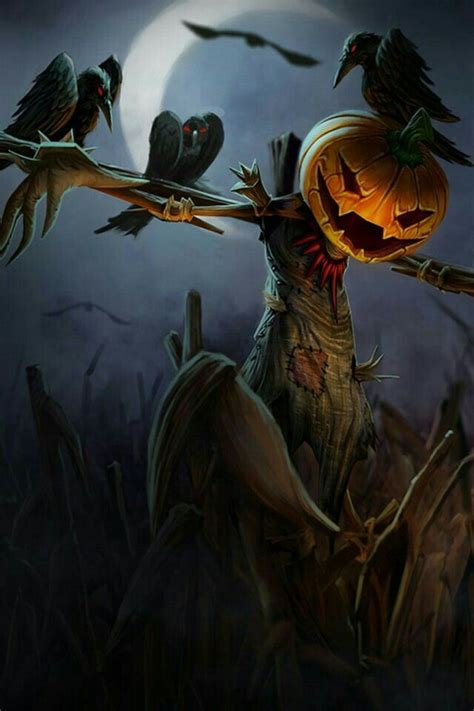 Halloween Art Pumpkin~Jack O Lanterns ~ Ravens ~ Scare Crow in the Evening. Beautiful Samhain ...