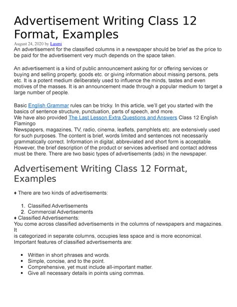 Advertisement Writing Class 12 Format - An advertisement is a kind of public announcement asking ...