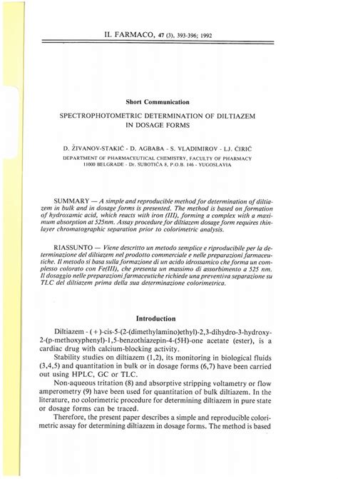 (PDF) Spectrophotometric determination of diltiazem in dosage forms