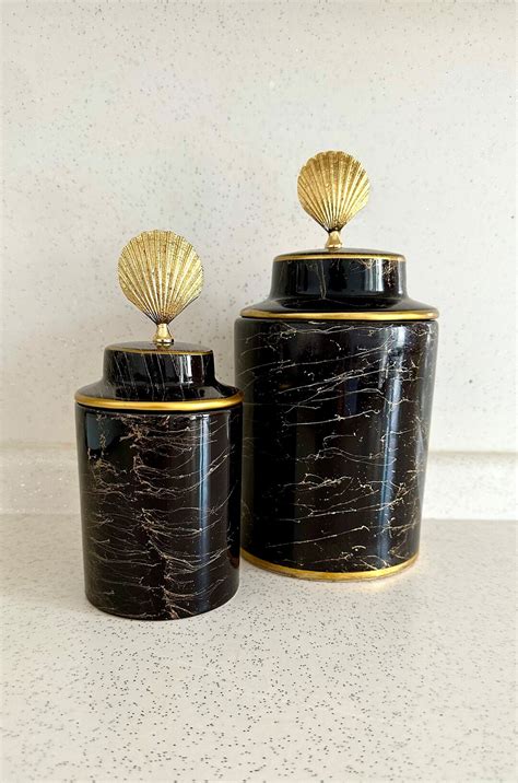 Black Ceramic Canister Set of 2, Ceramic Ginger Jar, Tea Box Set, Gold ...