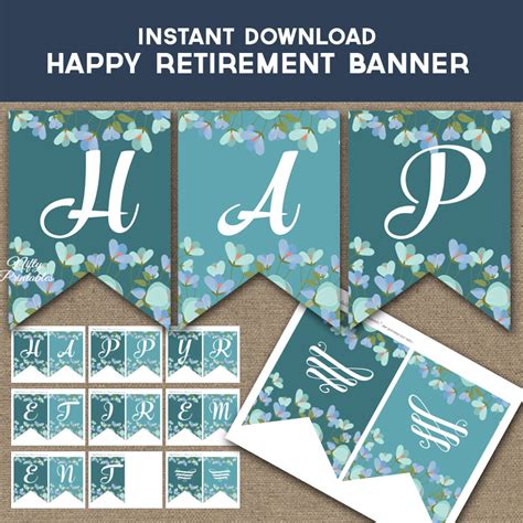 Happy Retirement Banner - Turquoise Blue Floral - Nifty Printables