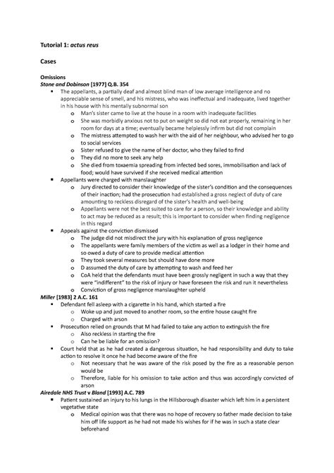 Actus reus - Tutorial 1: actus reus Cases Omissions Stone and Dobinson [1977] Q. 354 The - Studocu
