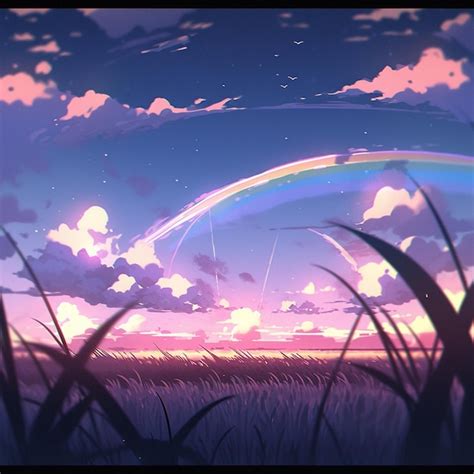 Premium Photo | Anime scenery of a rainbow in the sky over a field generative ai