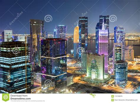 The Colorful Illuminated Skyline of Doha Stock Photo - Image of evening ...